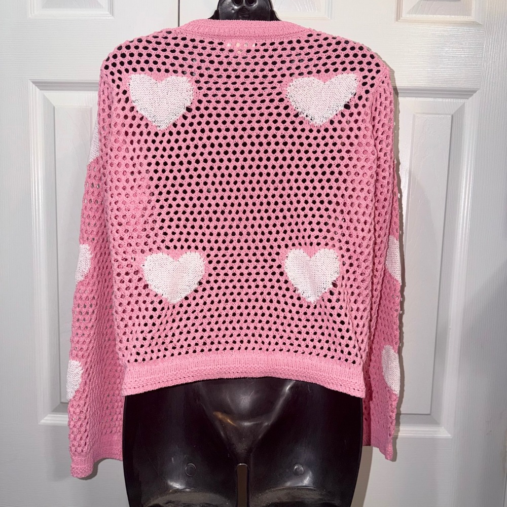 NWOT POL Pink Open Knit Heart Sweater Womens Sm Crew Neck Long Sleeve Pullover - Picture 3 of 4